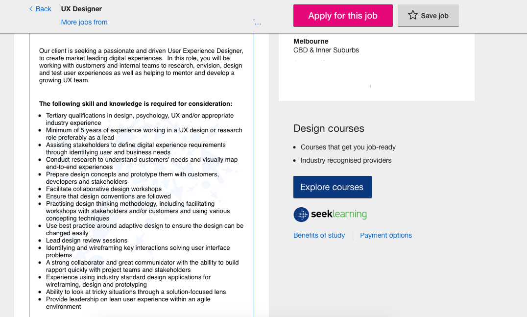 Screenshot of a UX designer job advertisement listing many required skills