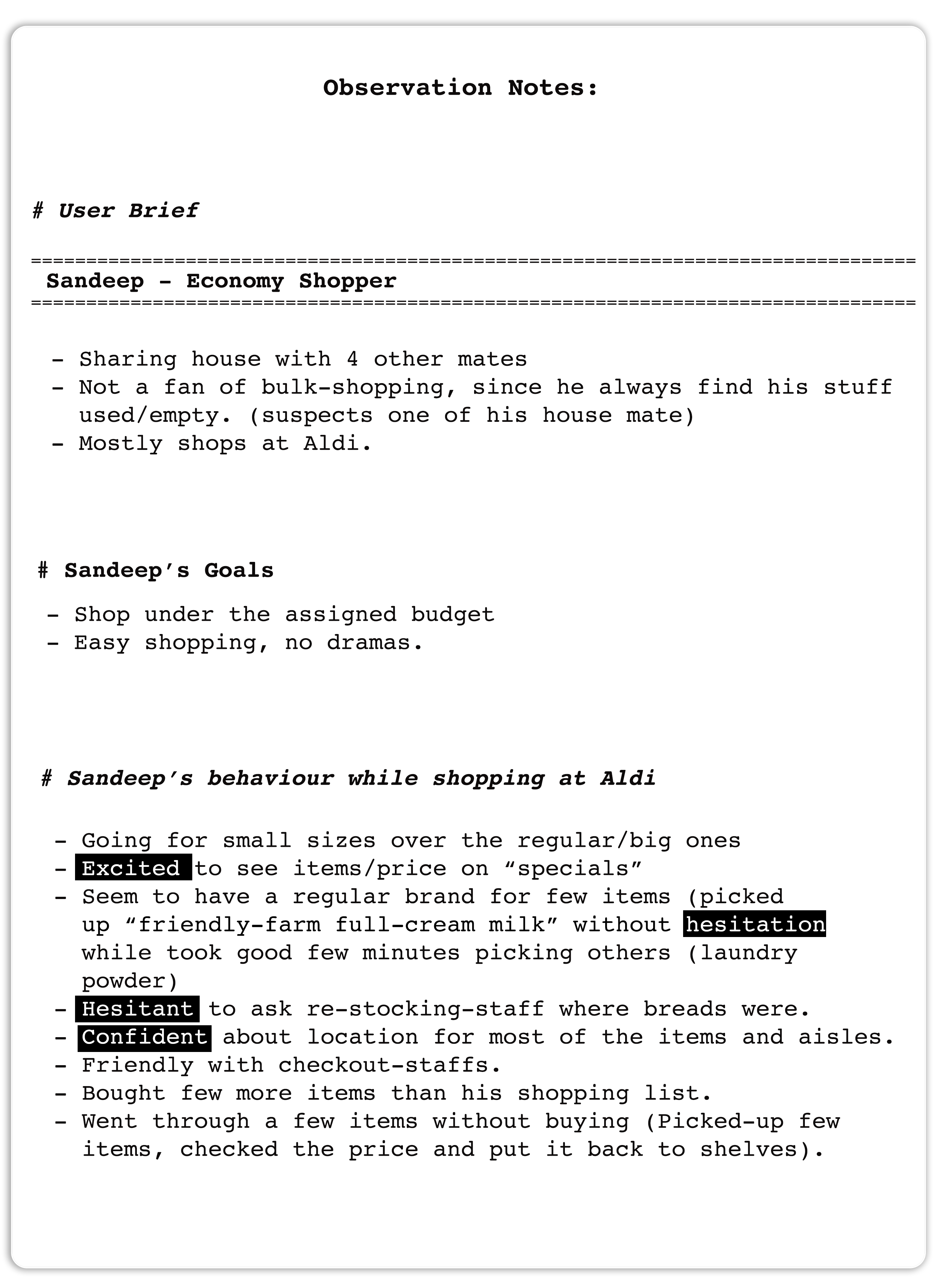 Handwritten observation notes taken while shadowing a shopper