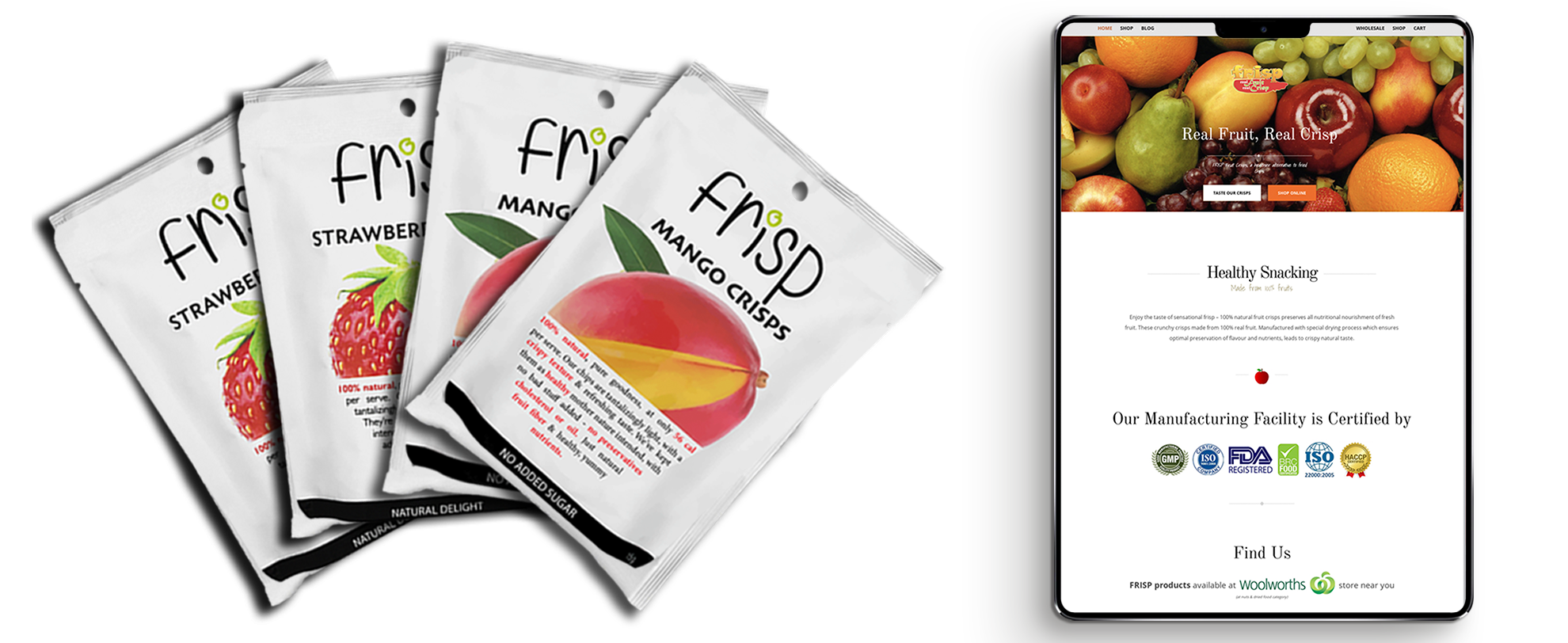The old Frisp website next to the new packaging, showing a visual mismatch
