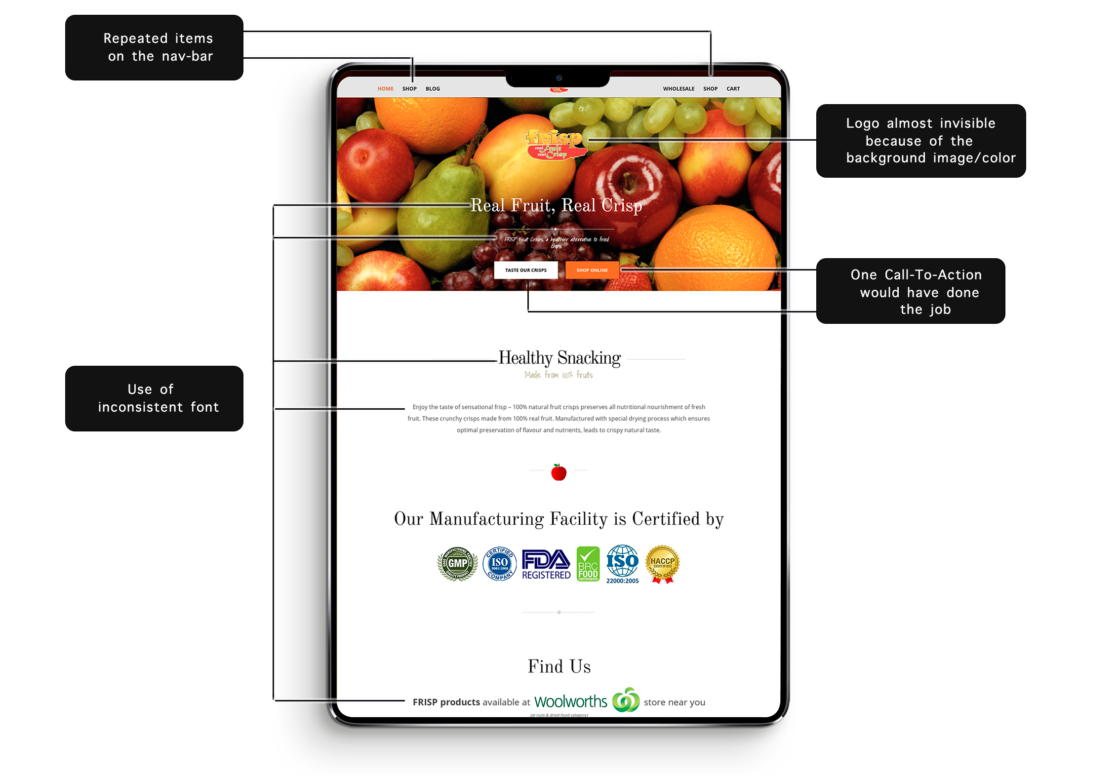 Annotated screenshot marking design flaws in the navbar, hero and content sections