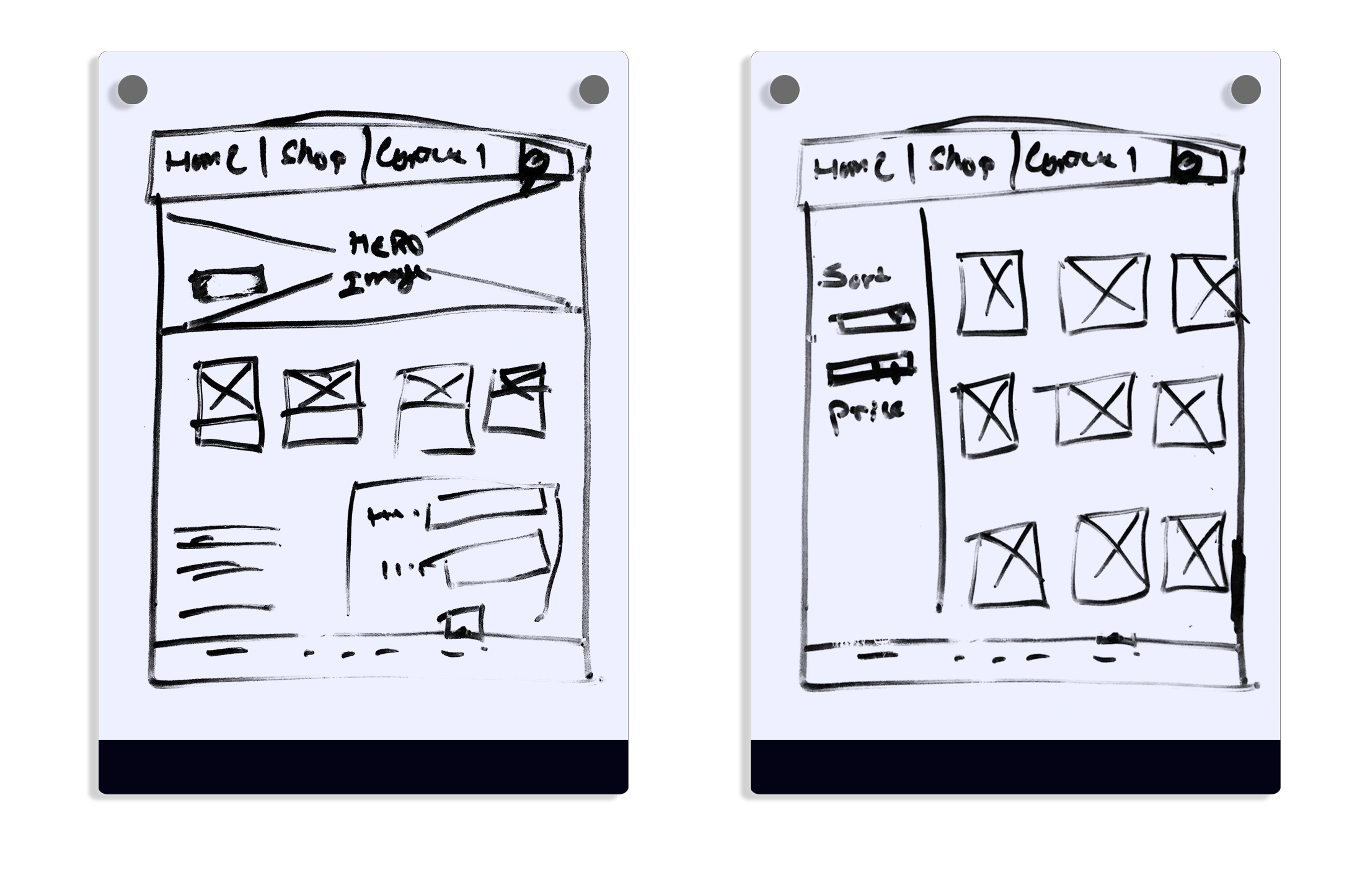Hand-drawn lo-fi wireframes of the home and shop pages